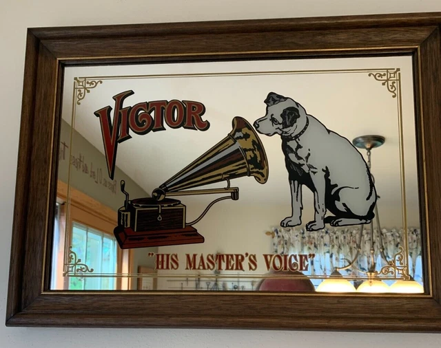 Vtg. RCA VICTOR *HIS MASTER'S VOICE* Framed  Mirror ADVERTISING SIGN Nipper Dog