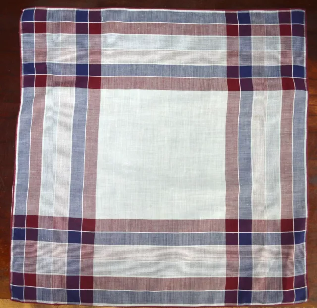 VINTAGE MENS HANDKERCHIEF 1950s BURGUNDY BLUE PLAID LARGE NEVER USED CONDITION