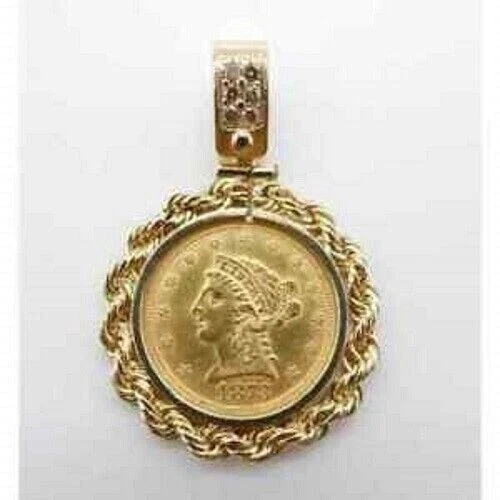 Liberty Head Quarter Eagle Coin With Rope Bezel Pendant 14k Yellow Gold Plated