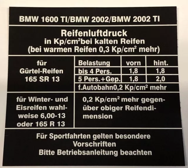 BMW e10  02 er Aufkleber Sticker Reifenluftdruck bis 1971 1502 - 2002 Ti 1600Ti