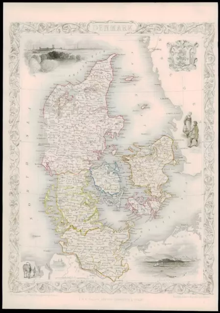 1851 - Illustrated Original Antique Map of "DENMARK" Copenhagen by Tallis (DW80)