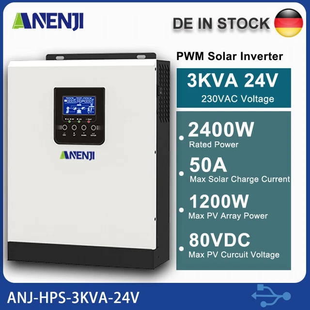 3KVA SOLAR INVERTER Off-Grid Hybrid 220VAC DC 24V Pure Sine Shaft PWM ...