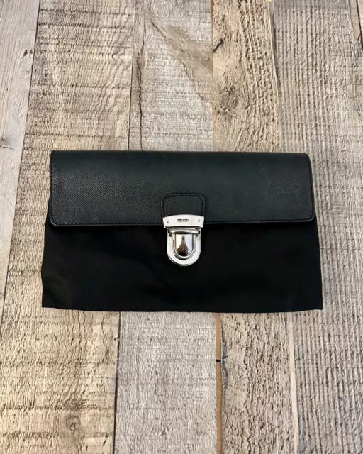 PRADA Mini BLACK Tessuto Nylon Saffiano Leather Pushlock ENVELOPE Clutch *RARE*