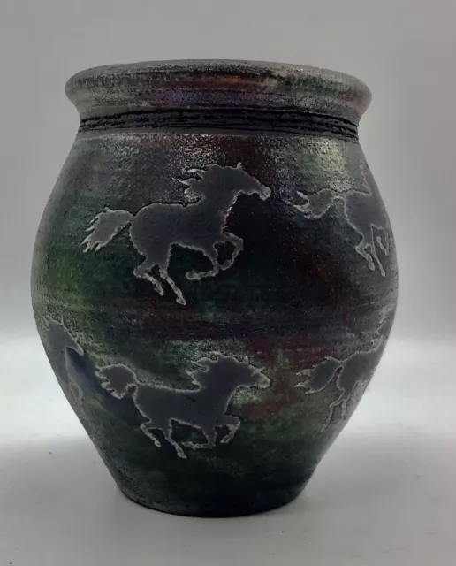 Ben Diller Raku Pottery Art Running Horses Dream Vase Jar Signed Hawaii 3” x 3”