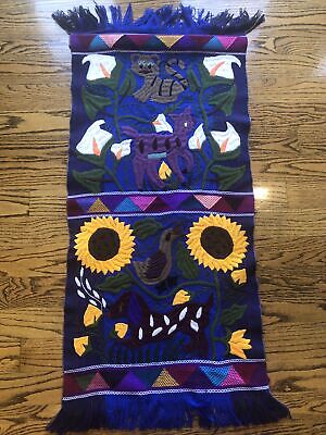 Hand Made Woven South American Folk Art Tapestry Wall Hanging Flowers Animal 45”