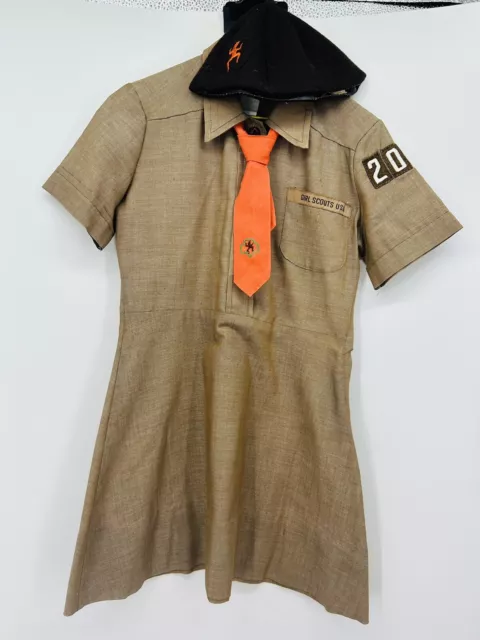 Vintage 50s-60s Girl Scouts USA Brownie Uniform Size 6 Brown Dress Tie & Hat