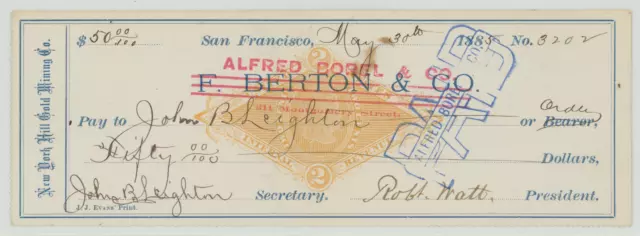 RN-G1 on F. Berton/Alfred Borel Check, San Francisco, New York Hill Gold Mining