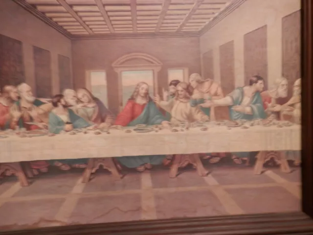 THE LAST SUPPER Vintage Wooden Framed Picture Jesus & Disciples 16”x13”x2" 3
