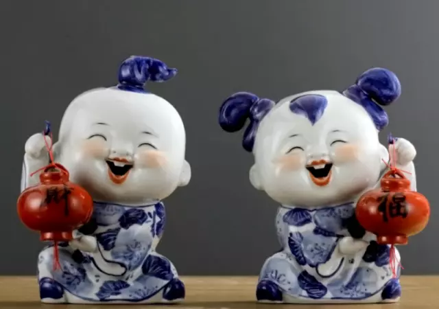 Pair Chinese Jingdezhen Ceramics Blue White Porcelain Lovable Girl Boy Lanterns