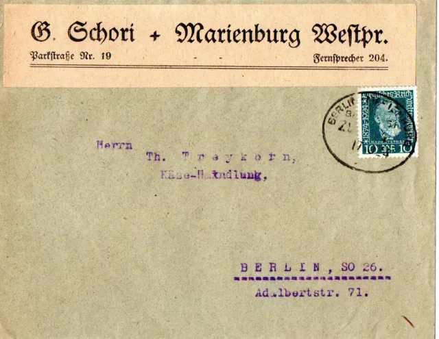 DR Mi.-Nr. 368 mit Bahnpoststempel Berlin - Marienburg