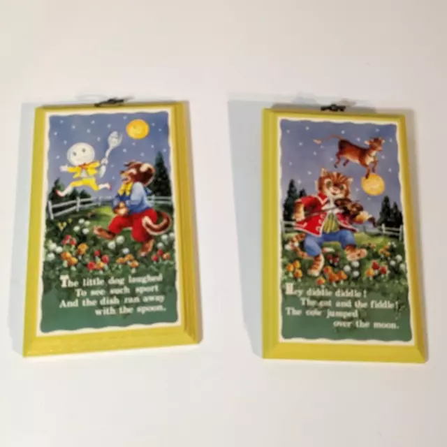 The Cat & The Fiddle Nursery Rhyme Wood Wall Plaques 5x8” Vintage 70s Artwork
