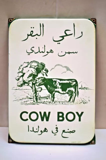 Vintage Cow Boy Pure Butter Ghee Sign Porcelain Enamel Dutch Holland Langcat Mad