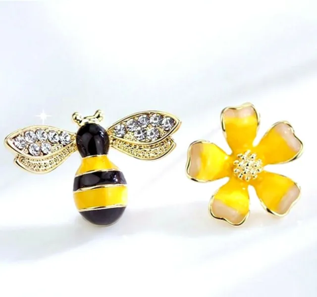 Bee And Flower Earrings Enamel CZ Stones Bumblebee Flower Studs Gold Plated Pair