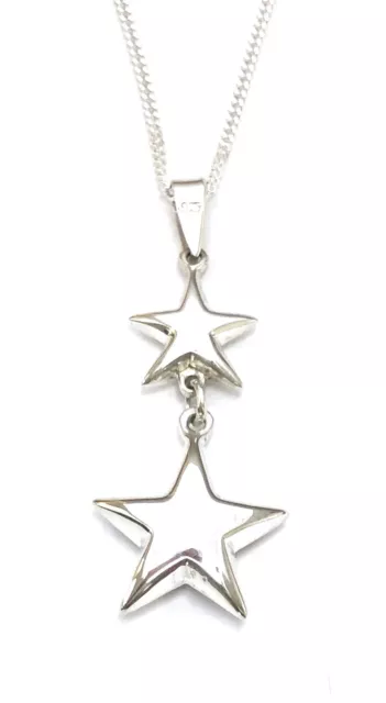 925 Sterling Silver Puffed Double Star Pendant Charm with Silver Curb Chain