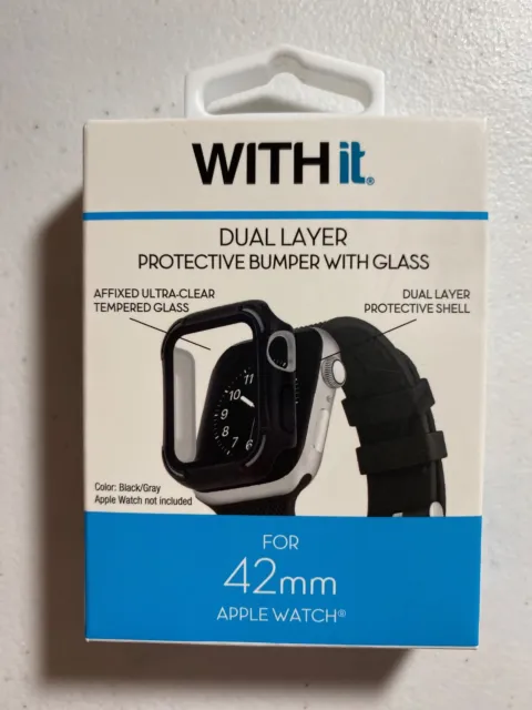 WITH it Dual Layer Protective Bumper w/ Glass for 42 MM Apple Watch BLK/GR- NEW