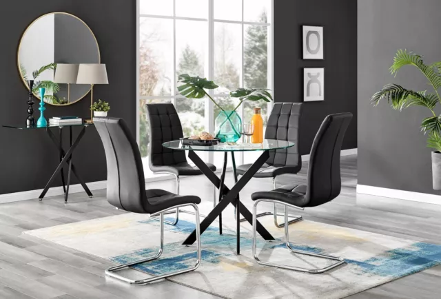 NOVARA 100cm Round Glass and Black Leg Dining Table & 4 Faux Leather Chairs