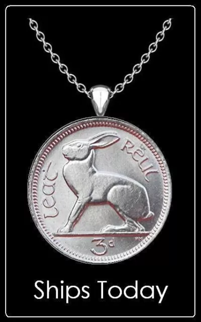 GeetarGizmos Irish 3 Pence "Hare" Coin Necklace- silver dime-size pure nickel