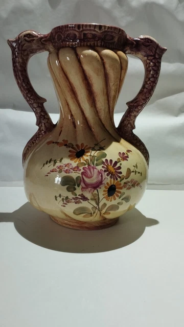 🟢Vintage antique italian majolica pottery vase with snake handle art nouveau🟢