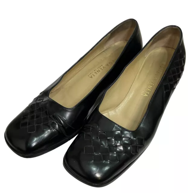 Bottega Veneta Black Woven Leather Square Toe Slip On Low Heel Loafer Size 7.5 B