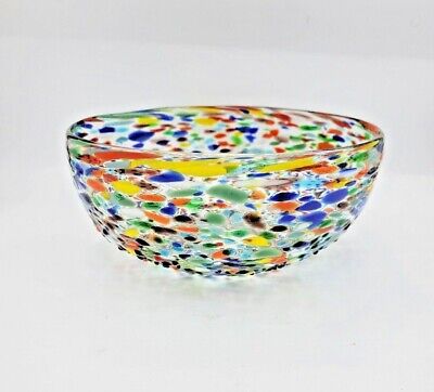 Handblown Primitive Multicolored Fused Texture Recycled Glass Serving Bowl Décor