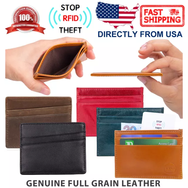 RFID Block Top Grain Leather Front Pocket Wallet Slim Credit Card Holder