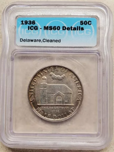 1936 MS-60 Cleaned Delaware Classic Commemorative Half Silver Uncirculated