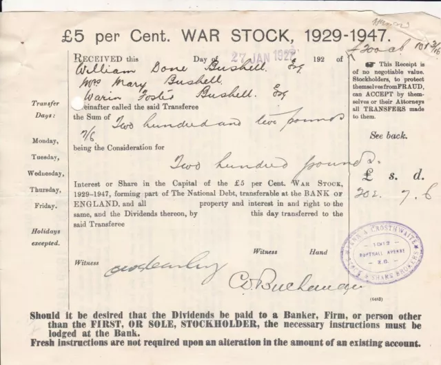 Britain 1927 Fenn & Crosthwaite Stocks & Share Brokers War Stock Dividend  45808