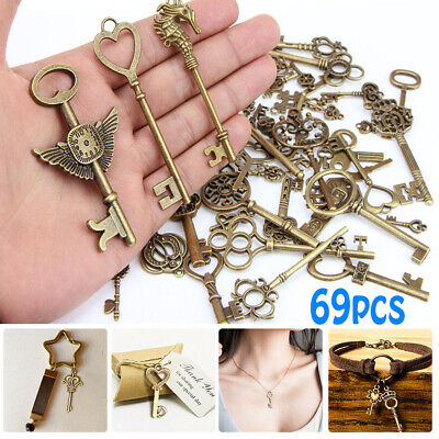 69Pcs Antique Vintage Old Look Bronze Skeleton Keys Fancy Heart Bow Pendant DIY