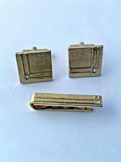 Vintage Anson Cufflinks & Tie Bar Clip Set Gold Tone Rhinestone Signed