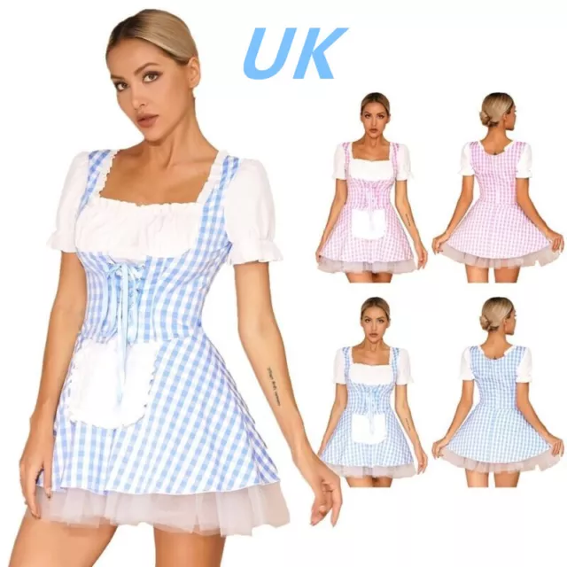 Women Maid Cosplay Dress Outfit Ruffle Apron Plaid Dress French Lolita Costume