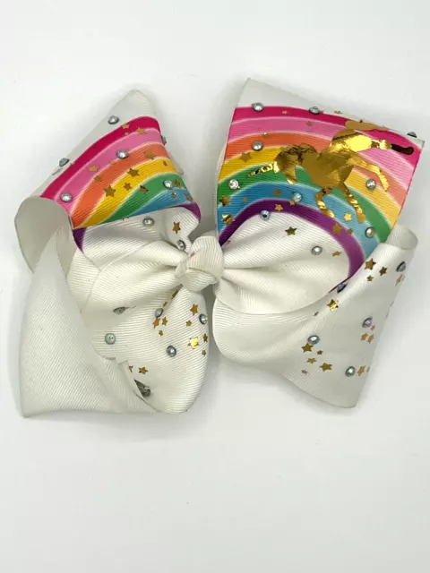 JoJo Siwa Large Hair Bow Clip White Bow Rainbows Gold Foil Unicorn Stars