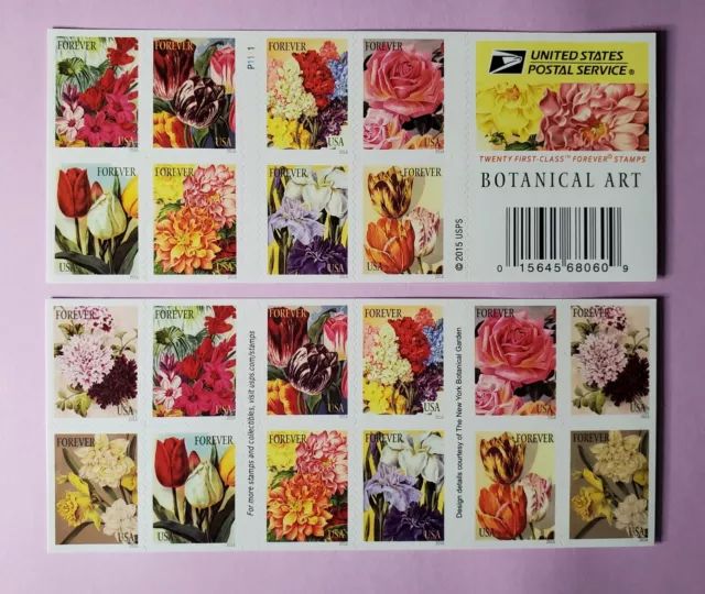 USPS Scott 5042-5051 Botanical Art 2016 Pane of 20 Forever Stamps MNH