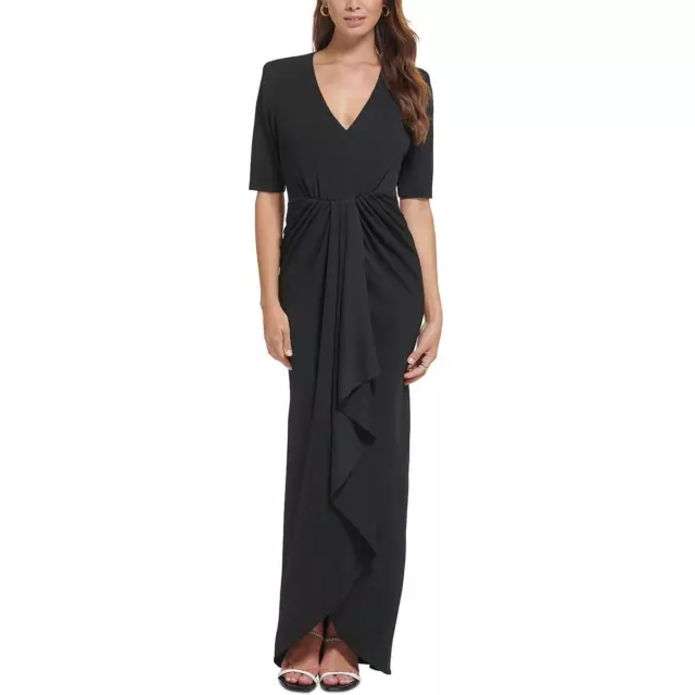 Calvin Klein Womens Black Cascade Ruffle Long Evening Dress Gown 6 BHFO 0093