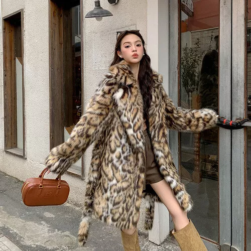 Womens Leopard Printed Pattern Fur Long Over Knee Coat Lapel Jacket Overcoats