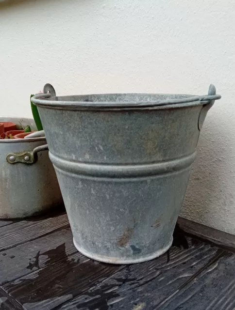 Vintage old weathered Heavy Duty galvanised metal bucket garden planter