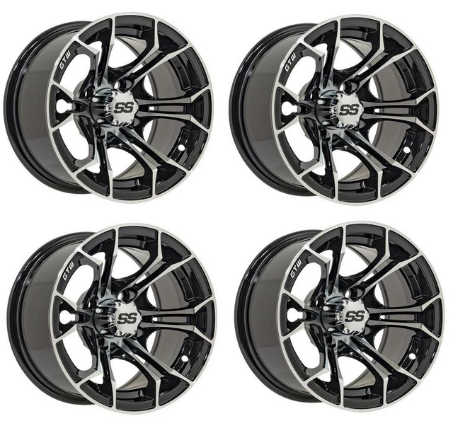 Golf Cart GTW 12x7 Machined Black Spyder Wheels Set of 4 3:4 Offset 4/4