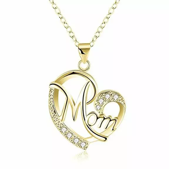 925 Sterling Silver Plated Gold CZ Love Mom Heart Pendant Link Chain Necklace