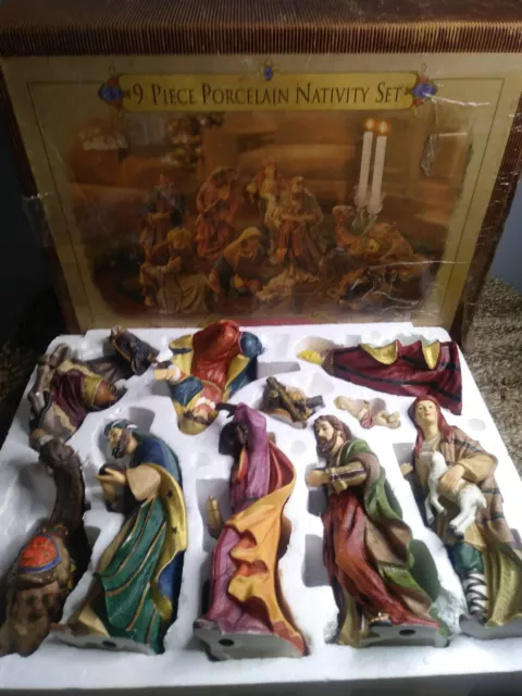 1999 Grandeur Noel Collectors Edition 9-Piece Porcelain Nativity Set in Box VG