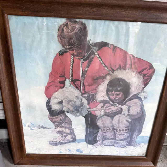 Vintage Artist Arnold Friberg Print Royal Mountie with Native Eskimo Fishing