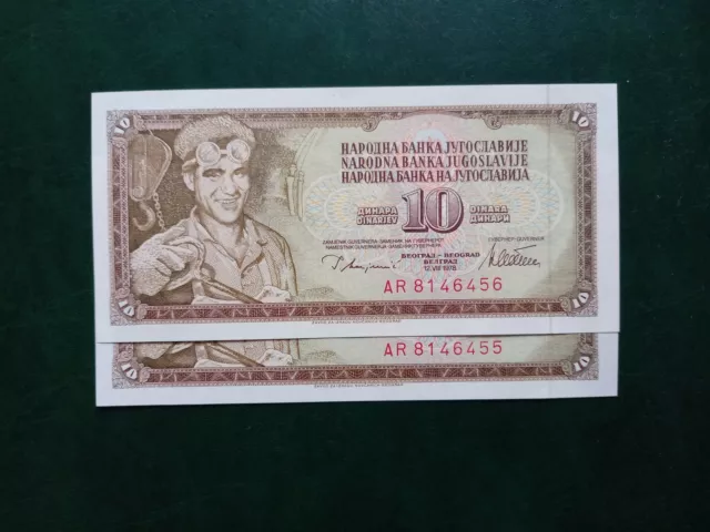 YUGOSLAVIA 10 Dinara Banknote 1978, 2 pcs