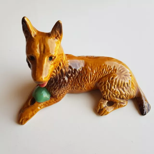 Vtg 1950s ceramic dog with ball figurine Alsatian German Shepherd glazed 18cm