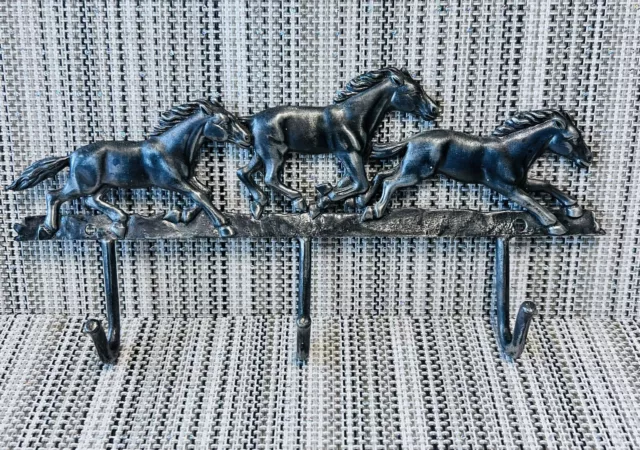 Welforth Vintage Cast Iron Silver Pewter Horse Wall Mount 3 Hooks Key Holder