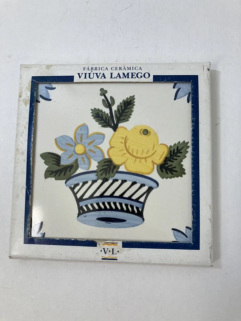 VTG Viuva Lamego Hand Painted Tile Portugal Azulejo Pintado a Mao Basket Flowers