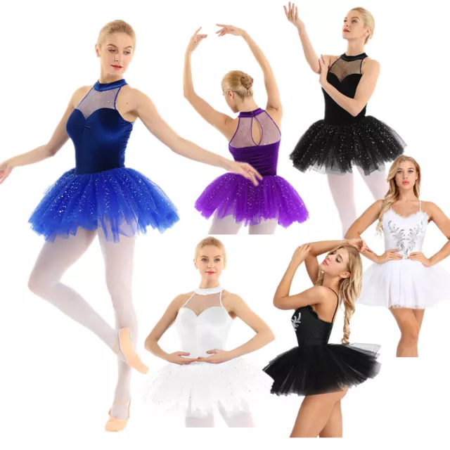 Womens Ballet Tutu Dress Velvet Mesh Sequins Dance Leotard Skirt Party Costume