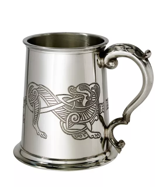 Personalised One Pint Pewter Tankard Lion and Celtic Band Design, Engraved Gift