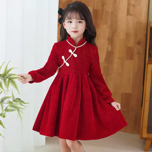 Bambina Abito Qipao Rana Bottoni Manica Lunga a-Line Cute Princess Stile Cinese