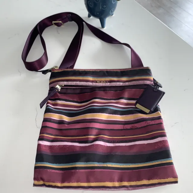 Tumi Crossbody Bag Purple Stripe Adjustable Strap Nylon Leather Handbag
