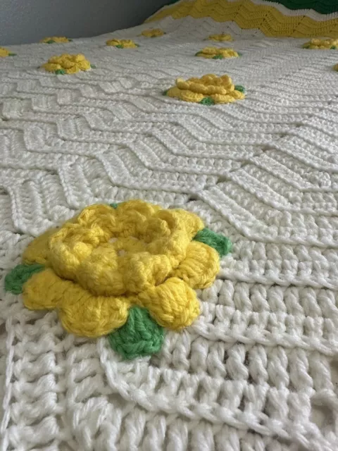 Vintage Handmade Crochet 3D Yellow Rose Green Chevron Afghan Blanket 108"x84"