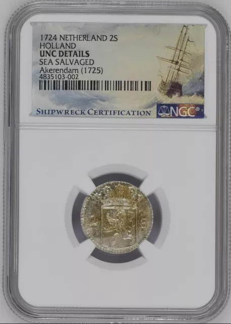 1724 Netherlands 2 Stuivers Akerendam Shipwreck NGC UNC Details Holland Silver