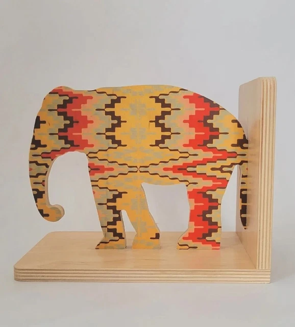 1 - WOLFUM Elephant Bookend Wood Geometric Colorful -Of a Kind- ORIG SIGNED TAG